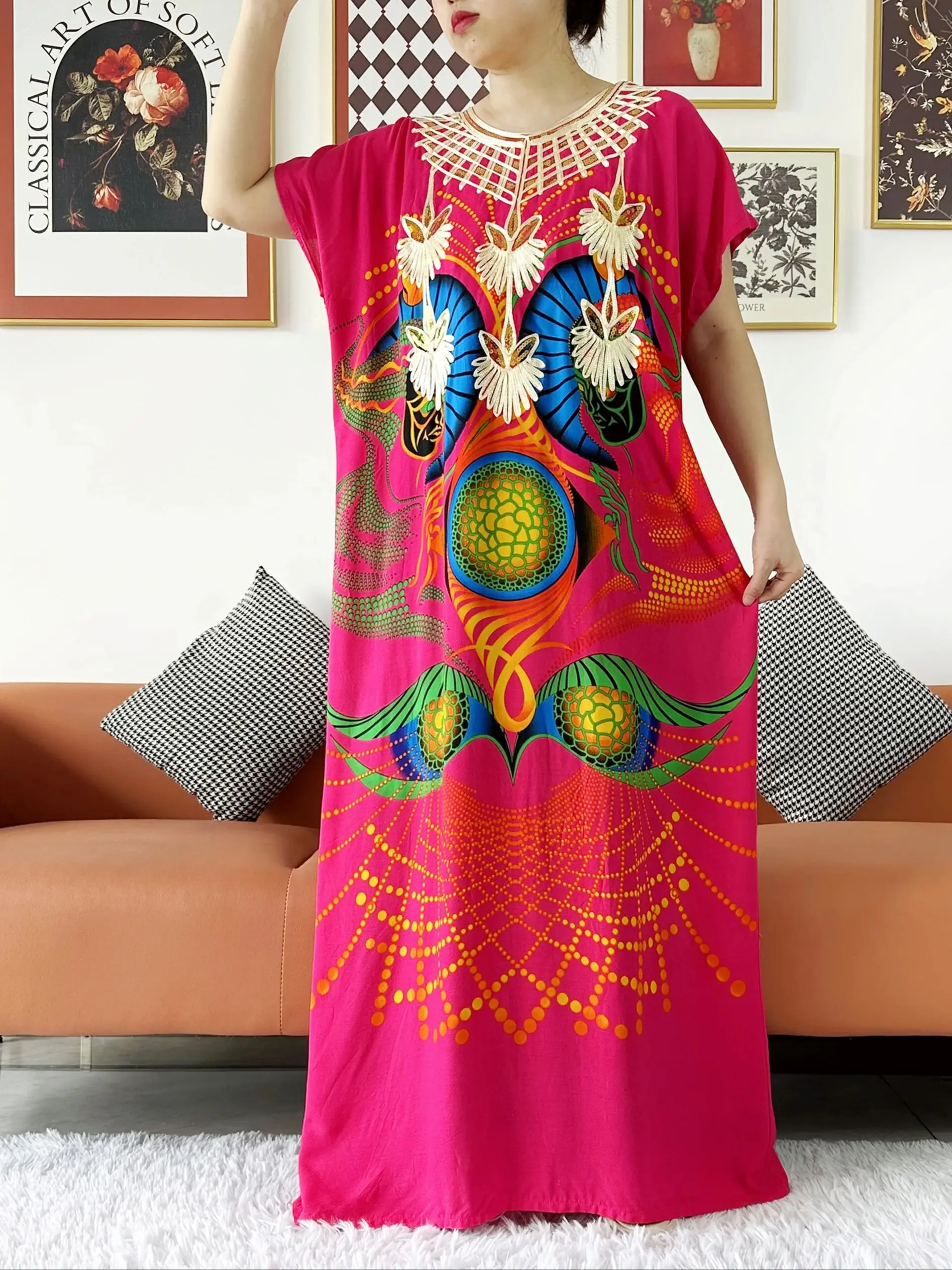 2024 New Muslim Abaya Seqauins Embroidery African Cotton Maxi Printed Loose Floral Boubou Maxi Islam Women Short Sleeve Abaya