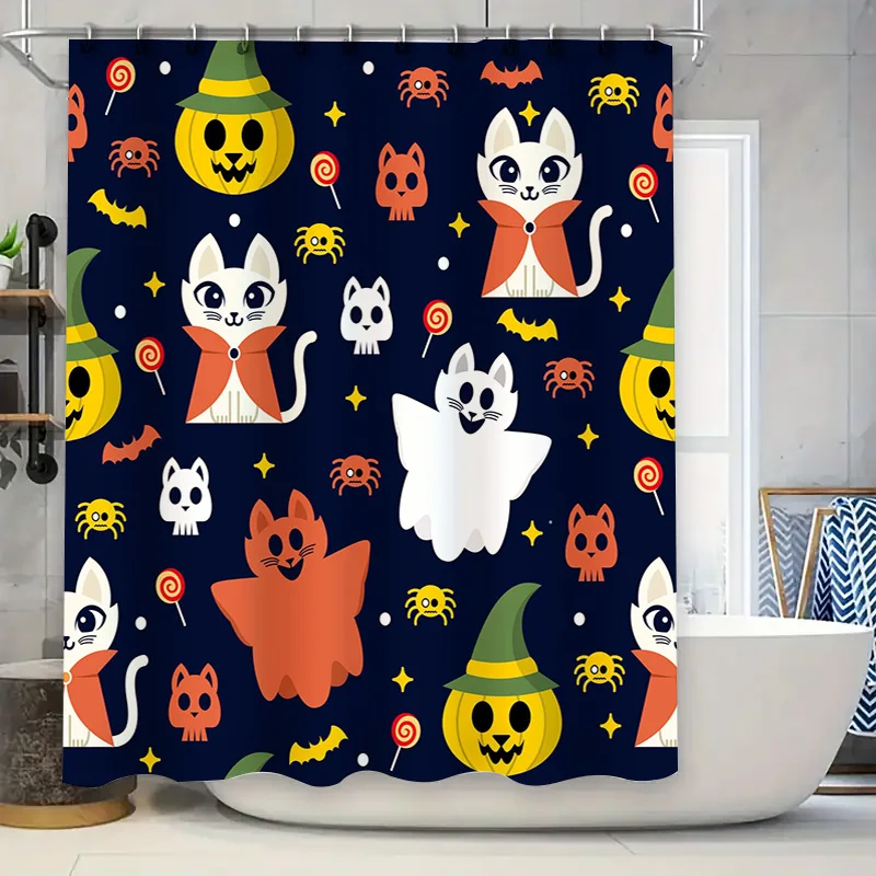 

Halloween-themed shower curtain featuring cute cats, ghosts pumpkins in navy blue background waterproof fabric bathroom decor gi