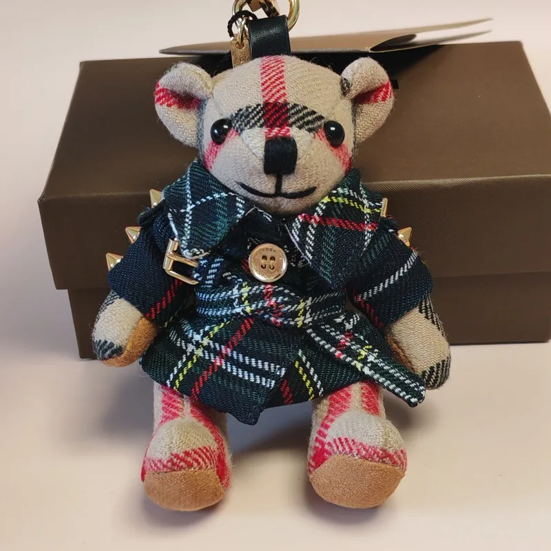 2026-exquisite-cashmere-plaid-teddy-bear-keychain-bag-charm-car-pendant-with-genuine-leather-rivet-detail-couple-gift-doll