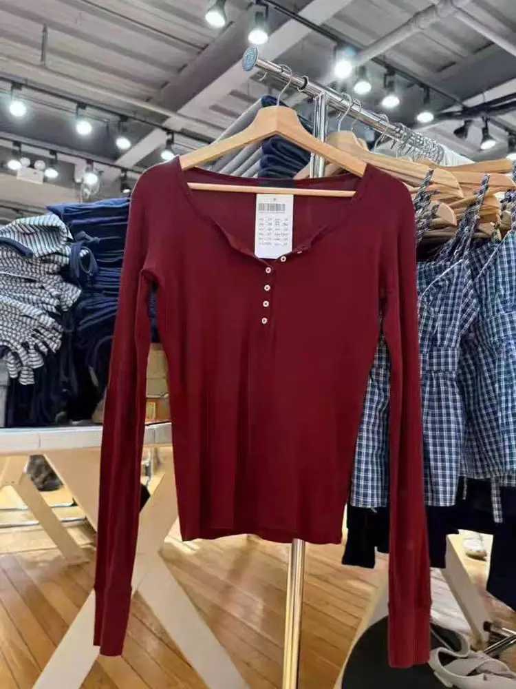 

Slim Fit Long Sve V-Ne Brandy BM Pure Color Six Button Design Early Autumn Base Layer Trendy Top for Women Cotton T-irt