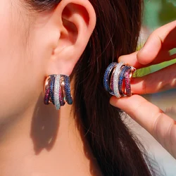 ThreeGraces Luxury Multicolor Cubic Zirconia 3 Tone Gold Color Heavy Hoop Earrings for Women Chic Punk Party Jewelry ER605