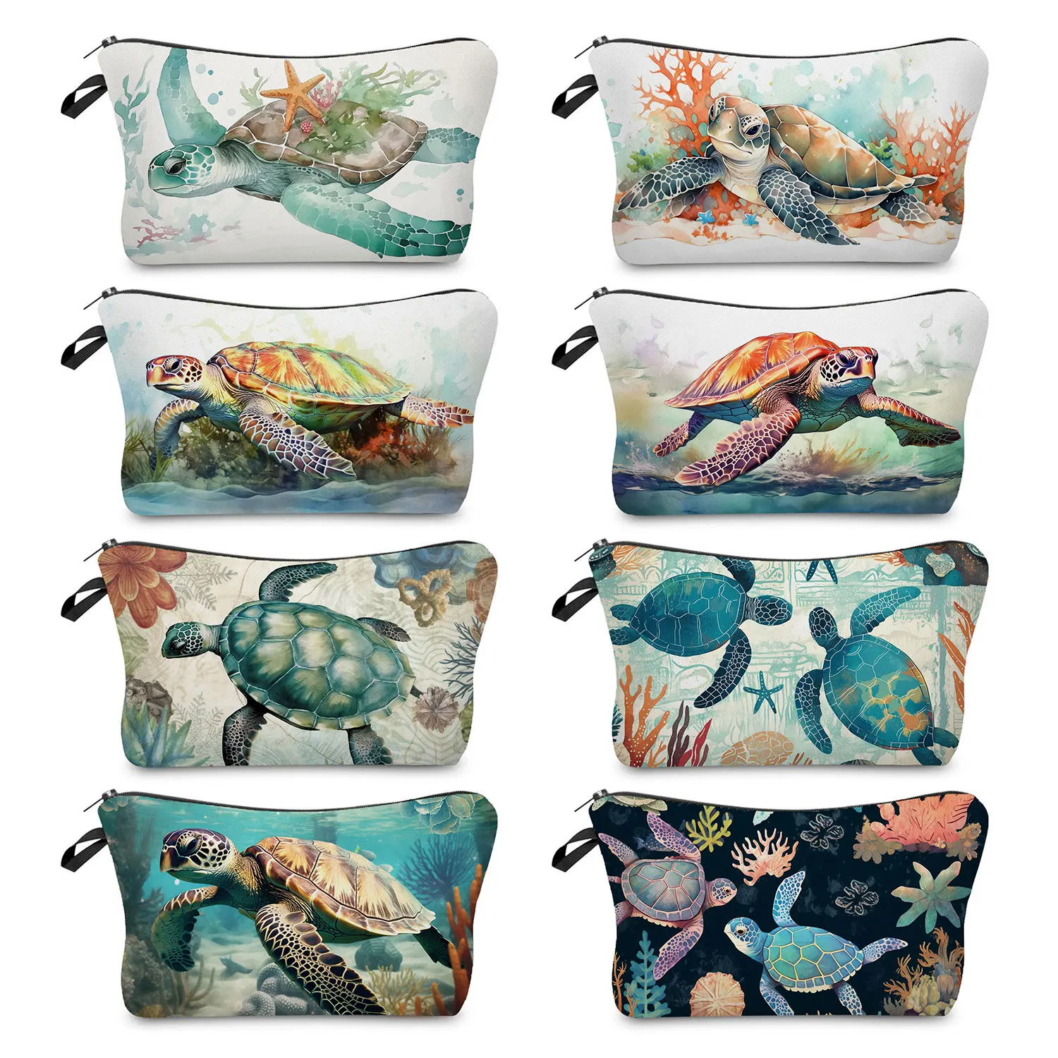 Turtle Printing Makeup Bags Travel Portable Toiletry Bags Casual Cosmetic Women\'s Double Sided Printing Zipper Cosmetic Bags