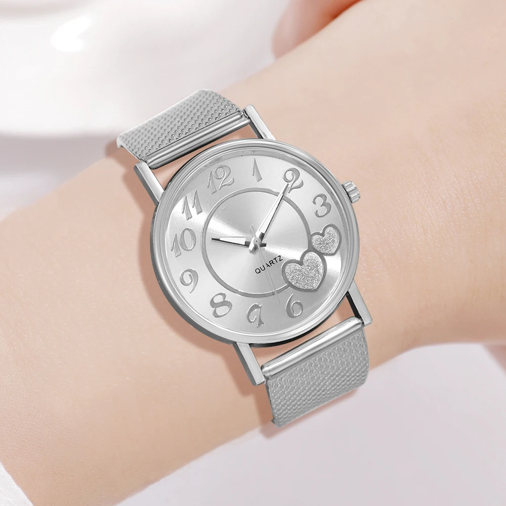 2PCS/Set Silver Women Quartz Wristwatch Heart Element Dial Leather Strap Watch Silver Bracelet Jewelry Set Gift For Mom