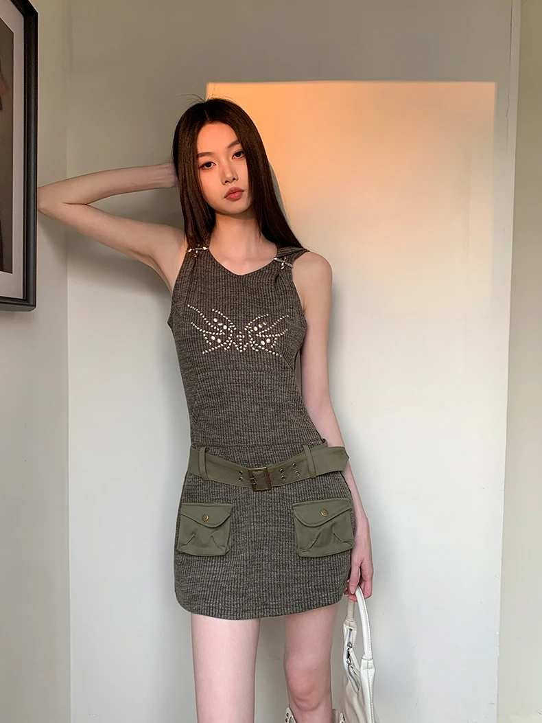 Vestido verde militar de una pieza para mujer, minivestido elegante sin mangas con hombros descubiertos, estilo Vintage de los años 90 y 2000, ropa de verano del 2000