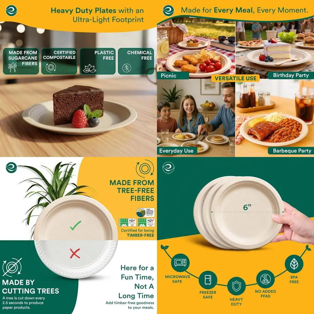 

Eco-Friendly 6 Sugarcane Plates, 1000-Pack, Heavy-Duty for Christmas Treats & Appetizers