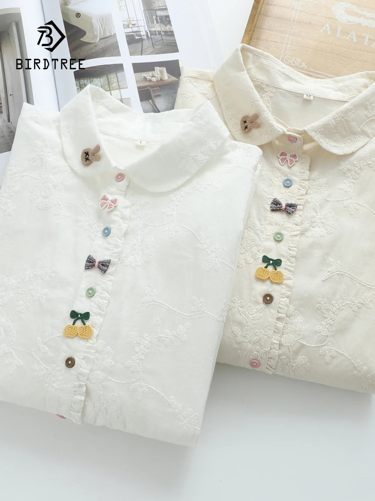 

New 2025 Autumn Cotton Long Sleeve Shirt, Women Turn-down Collar Embroidery, Mori Girl Sweet Cute 3D Bow Loose Blouse T59126CC