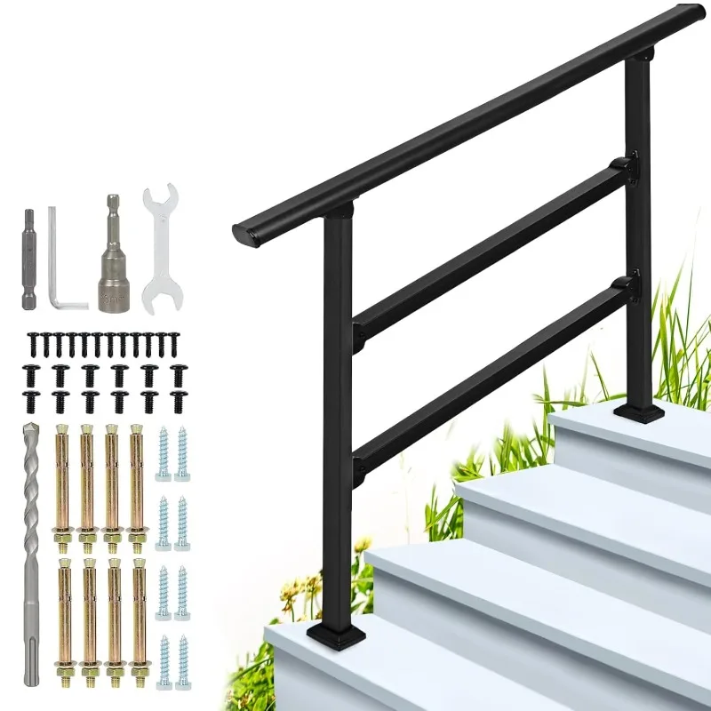 4-Step Outdoor Stair Railing: Black Wrought Iron Handrail for 3 to 4 Steps - Porch Stairs Hand Rail Railings Kit