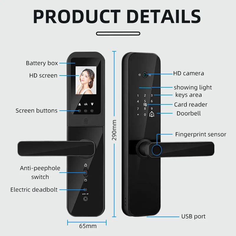 XSDTS Tuya Wifi Digital Electronic Smart Door Lock With Biometric Camera Fingerprint Smart Card Password Key Unlock