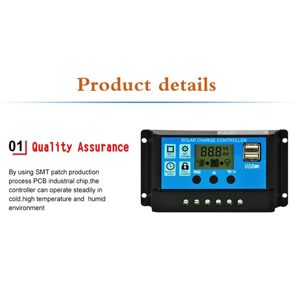 Solar Charge Controller 12V/24V 30A with Adjustable LCD Display Timer Setting Dual USB Auto Solar Cell Panel Charger Regulator