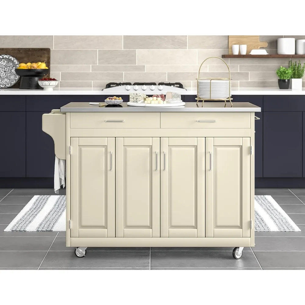 Carrinho de ilha de cozinha rolante, carrinho de cozinha de armário de 4 portas com tampo de aço inoxidável, 17,75 "P x 48,75" L x 34,75 "A, branco