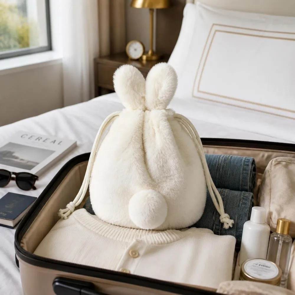 Fluffy Style Drawstring Storage Bag Multi-Functional Cartoon Design Bunny Plush Pouch Large Capacity Tail-Like Tassel