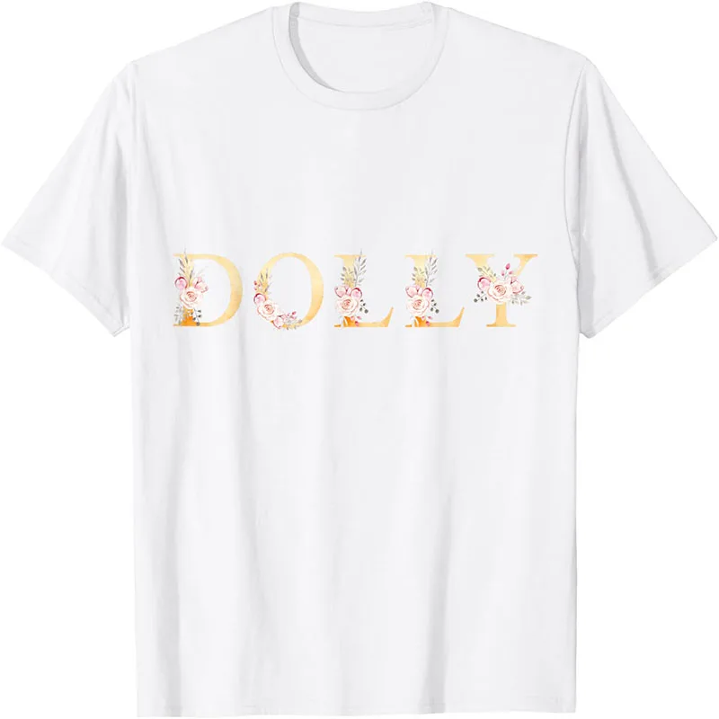 Women DOLLY Watercolor Floral Letter Graphic T-Shirt Vintage Rose Flower Name Short Sleeve Cotton Tee Tops