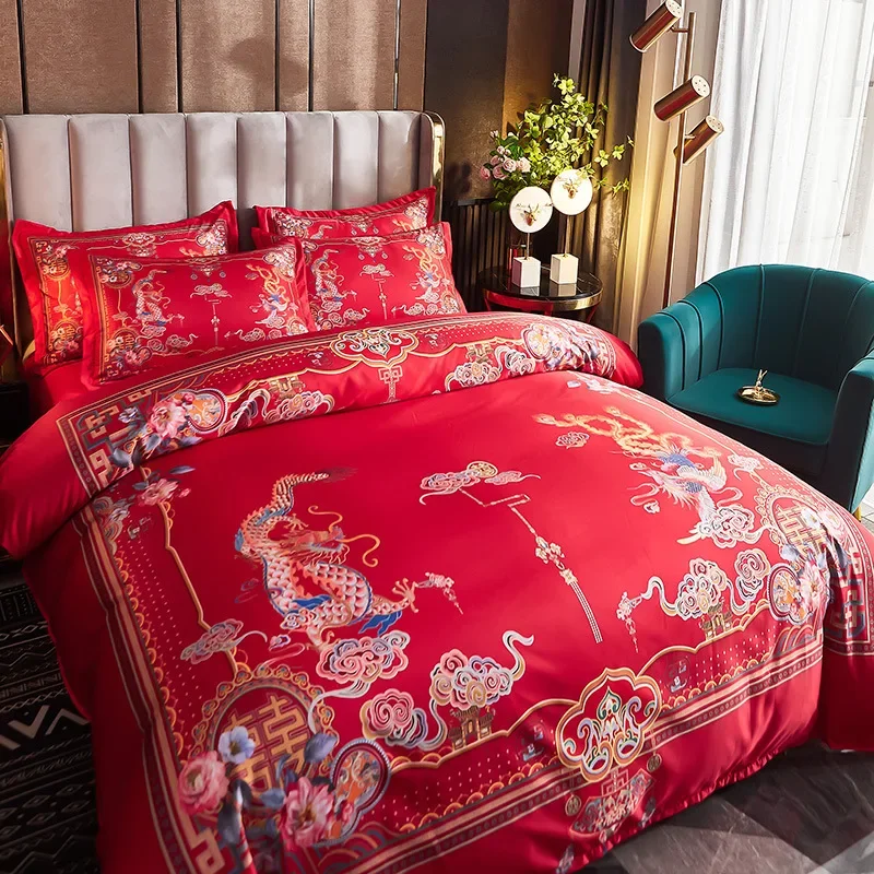 New Chinese style red wedding four-piece  set wedding special bed happy quilt  room simple solid color