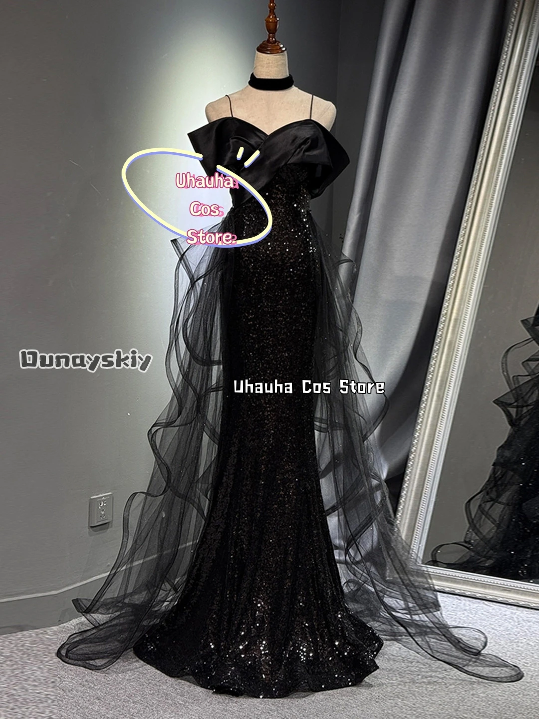 Cosplay Luxury Evening Dresses Costumes aBcUH@Black Sequin Mermaid Evening Gown Women Wedding Party Gowns Halloween Dress Up view 3