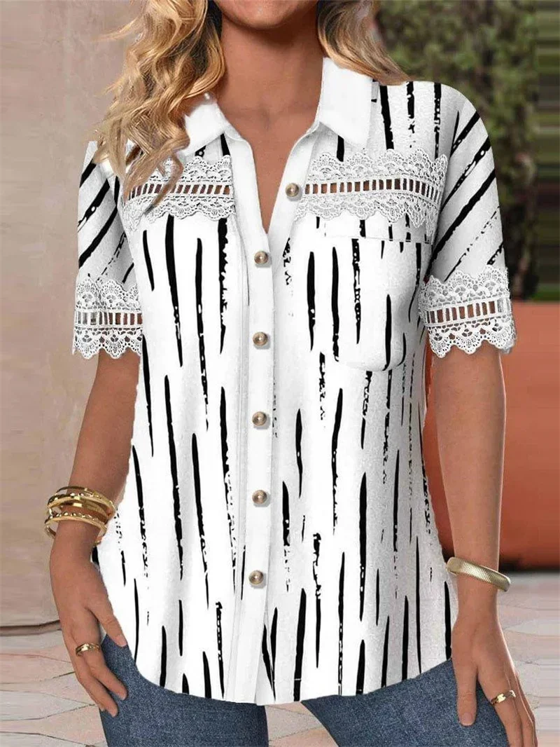 Women Vintage Ethnic Style Print Shirt Elegant Hollow Out Splicing Lace Short Sleeve Blouse Lapel Single-breasted Cardigan Tops