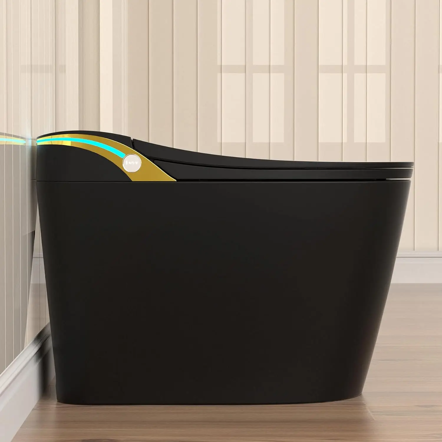 

Умный унитаз черного цвета со встроенным биде, подогревом сиденья, подачей теплой воды и сушкой, комфортной высотой по стандарту ADA, сенсором для ног и ночной подсветкой, настраиваемый под заказ