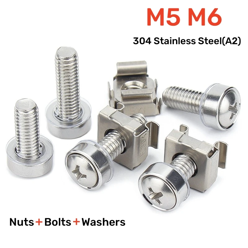 5/10pcs M5 M6 Cage Nut Bolt Washers Sets Metric Square Hole Hardware Server Rack Screw Mount Clip Nuts Assortment Kit L=12~30mm