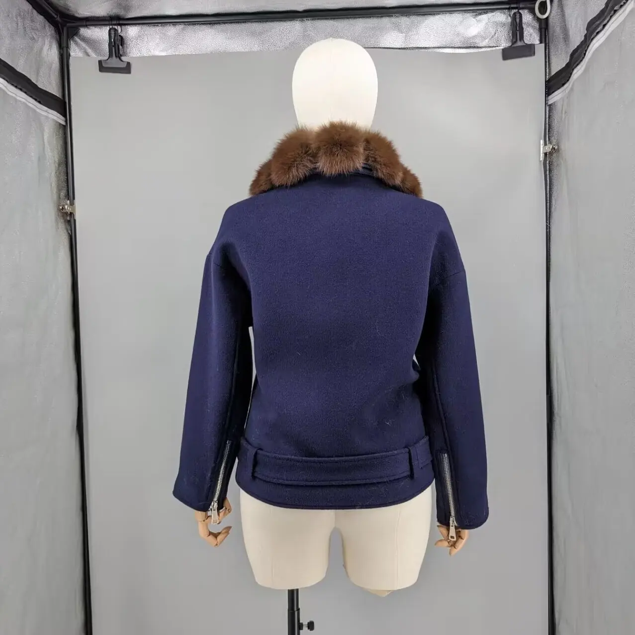 Women Navy Blue 100% Wool Biker Jacket Real Oversized Fox Fur Collar Belted Zip Pocket Short Wool Blend Moto Winter Outerwear416