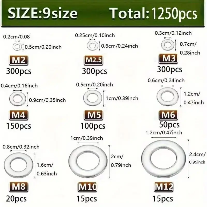 1250pcs Stainless Steel Flat Washer Kit M2 To Metric Assortment Set With Storage Box For Machine Hardware Fastener Repair