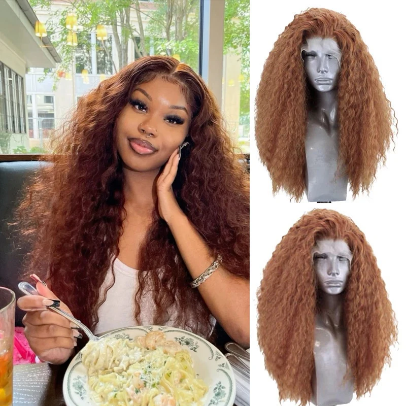 

RONGDUOYI Brown Curly Synthetic Lace Wigs For Women Free Part Lace Front Wig Heat Resistant Hair Natural Hairline Cosplay Wig