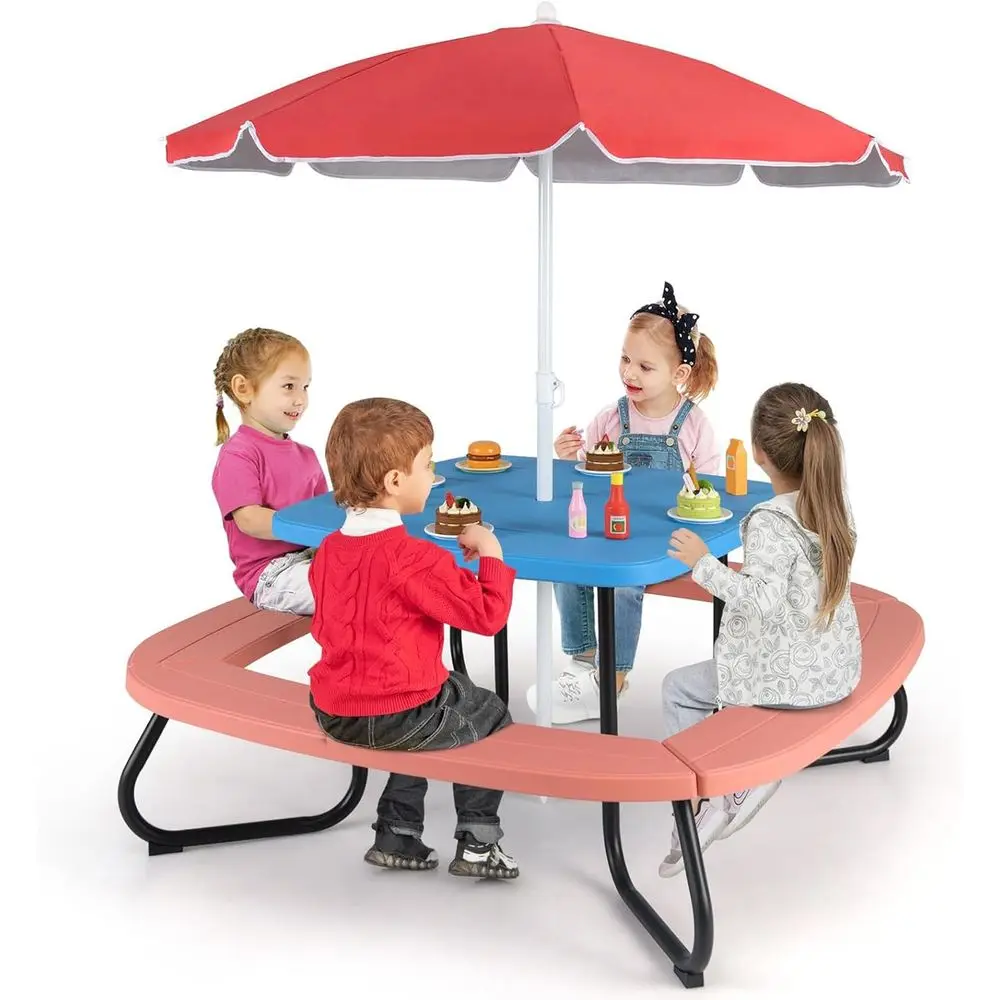 

Детский стол для пикника на 8 человек, стол для занятий малышей со съемным зонтиком, 4 встроенными скамейками, верхняя часть из ПЭВП и металлический каркас, детская одежда
