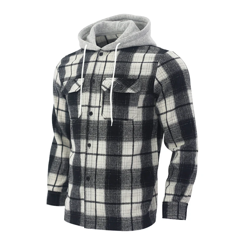 New Fashion Mens Flannel Shirt Hooded Coat Long Sleeve Button Plaid Jackets Cardigan Harajuku Casual Mens Outerwear Clothes Tops