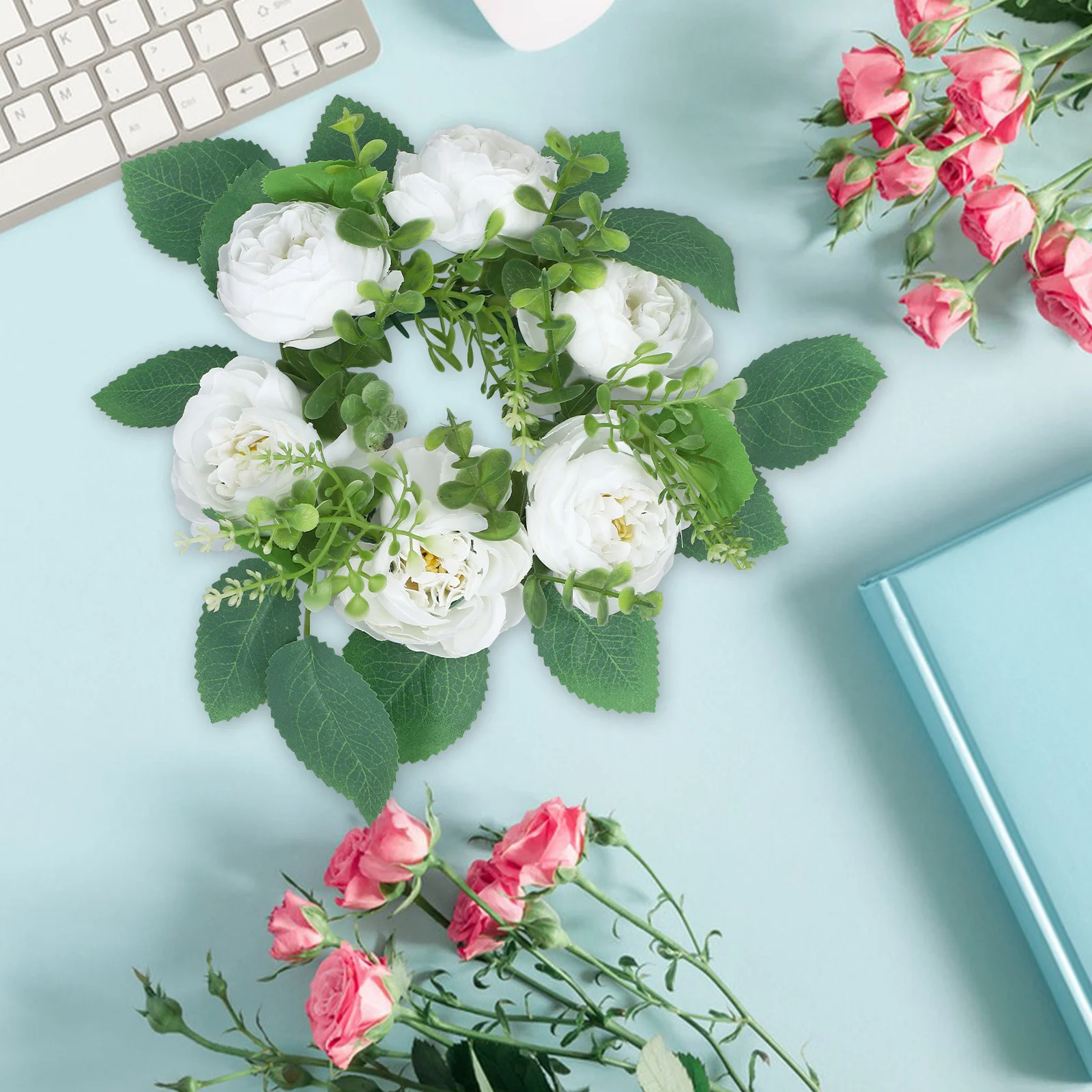 

2Pcs Artificial Leaf Peony Rings Floral Wreath Wedding Table Decoration Party Photography Props Rings