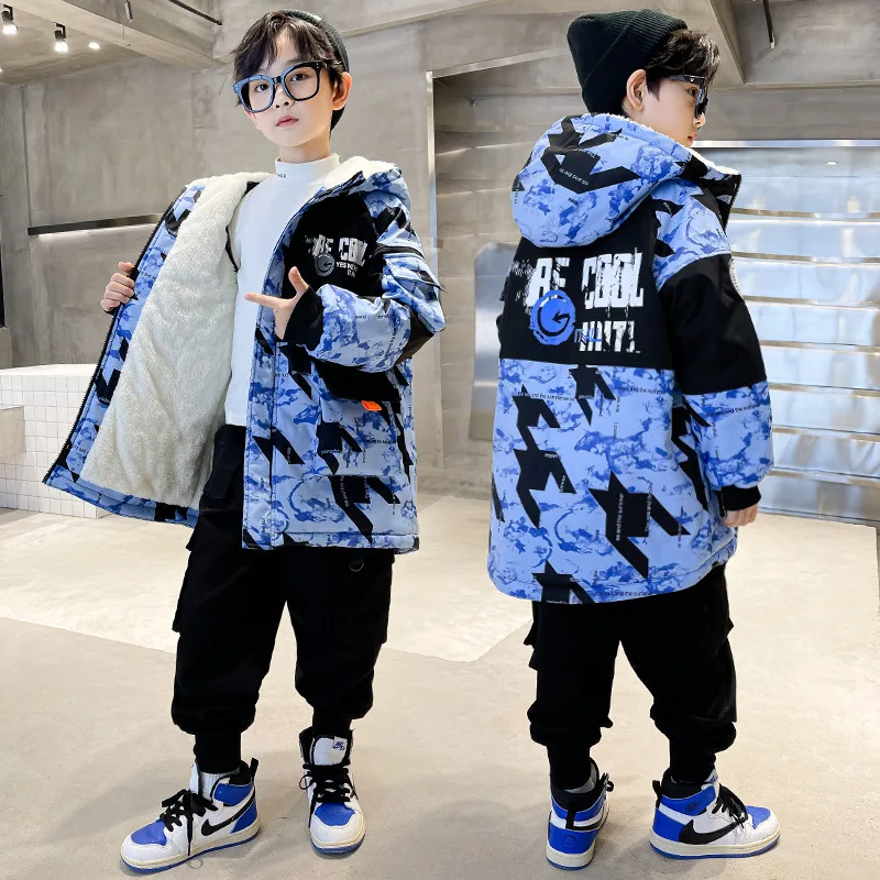 Boys Coat Jacket Outerwear Cotton 2024 Printed Warm Plus Thicken Velvet Winter Breathable Children\'s Clothing