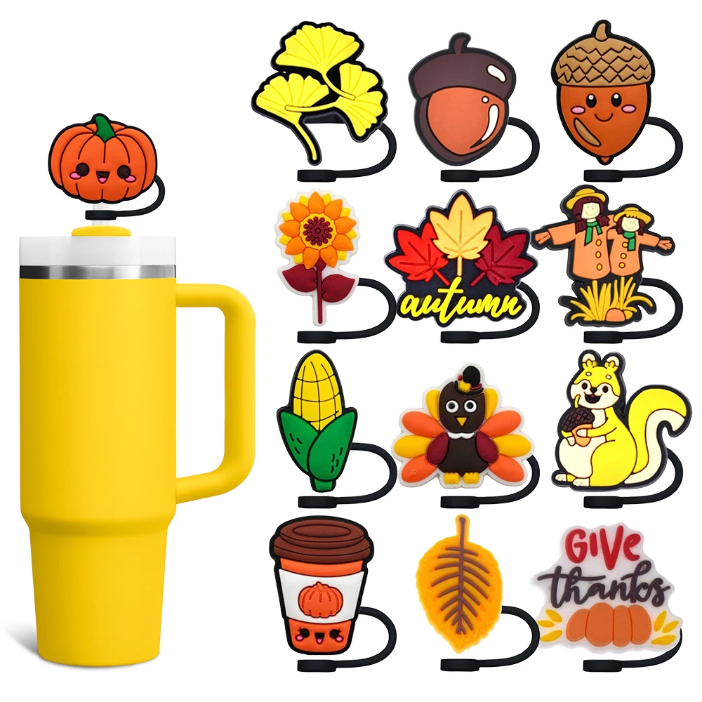 

Thanks Giving Festival Fall Straw Cover Cap 10MM Eco-friendly Straw Plug Splash Proof Drinking Cup Charm Pendent Home Party Gift