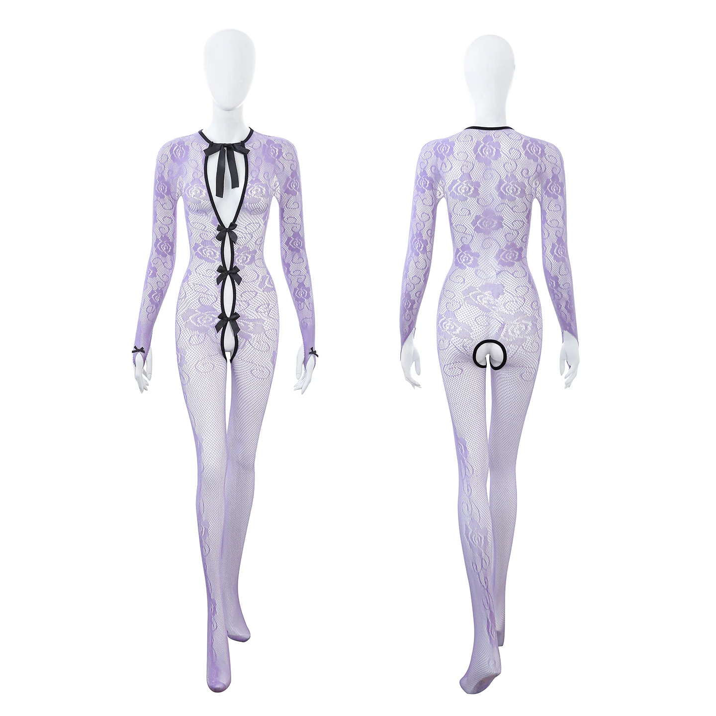 

Women's Sheer Mesh Jumpsuit Sexy Lingerie , Purple Floral Pattern See-Through Bodysuit with Eye Mask & Apron for Intimate Wear