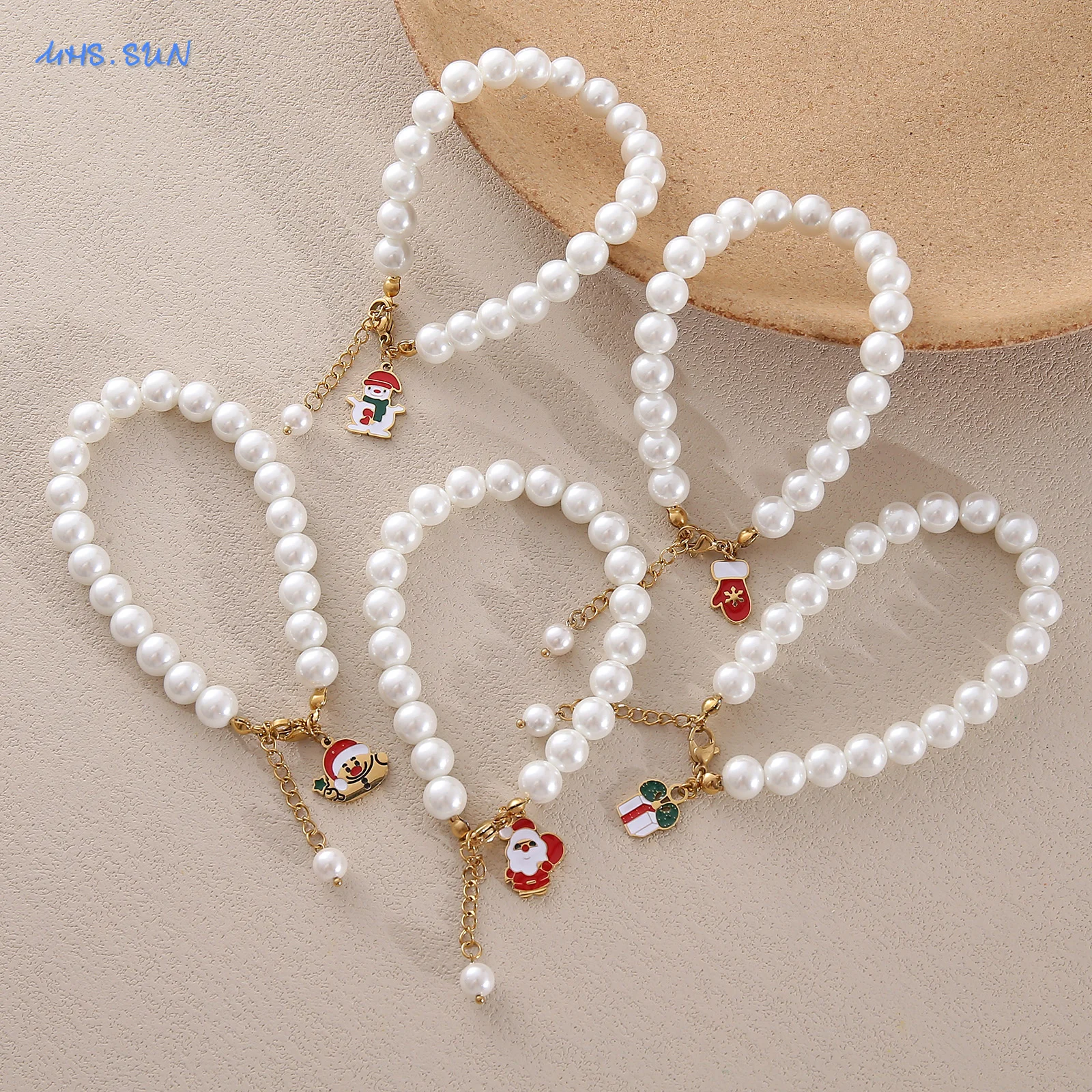 MHS.SUN Santa Claus Beads Elastic Bracelets Fashion For Women Girls Shell Pearl Banquet Party New Year Jewelry Christmas Gifts