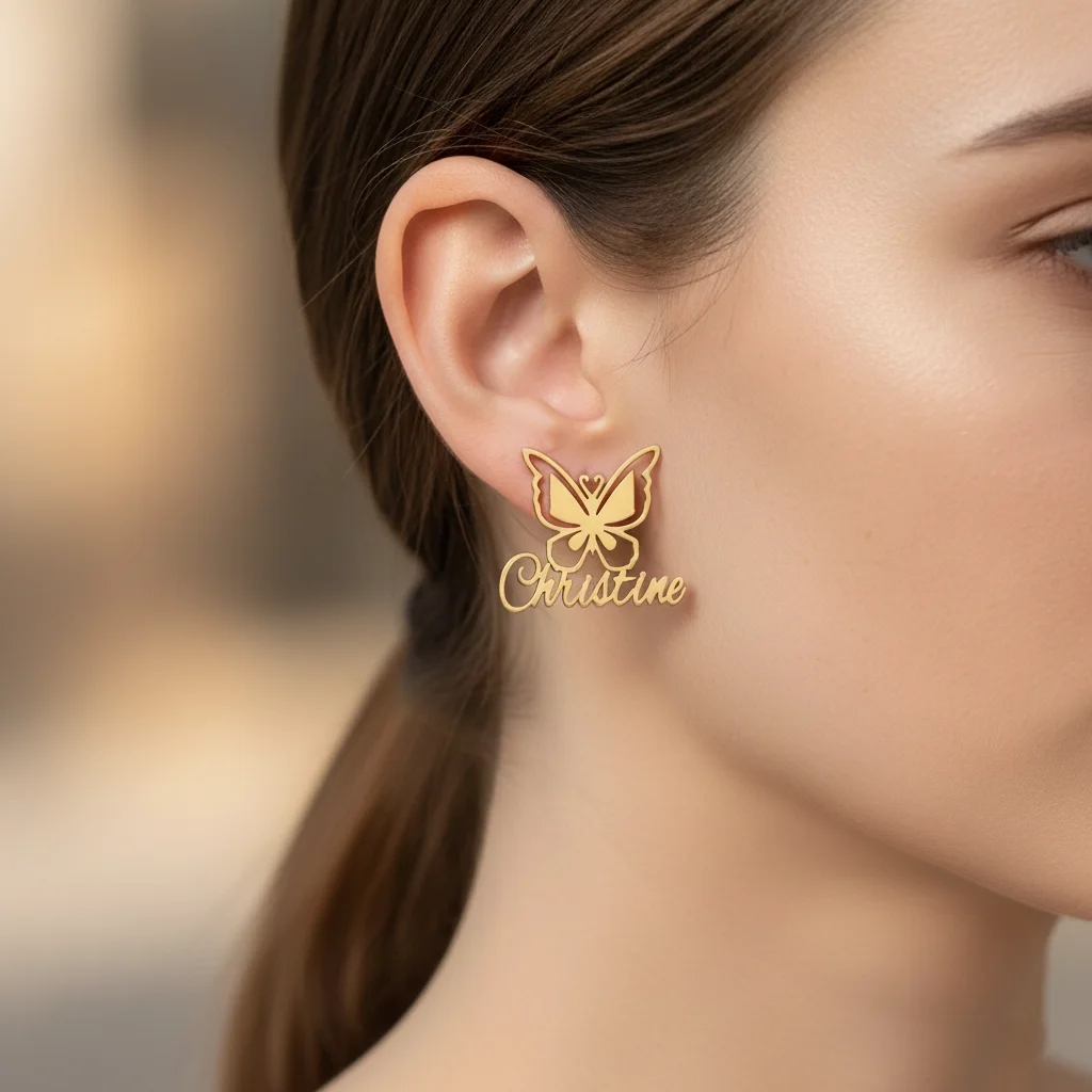 

Customized Stainless Steel Butterfly Name Earrings 18k Gold Plated Letters Elegant Trendy Earrings Personalized Women Jewelry