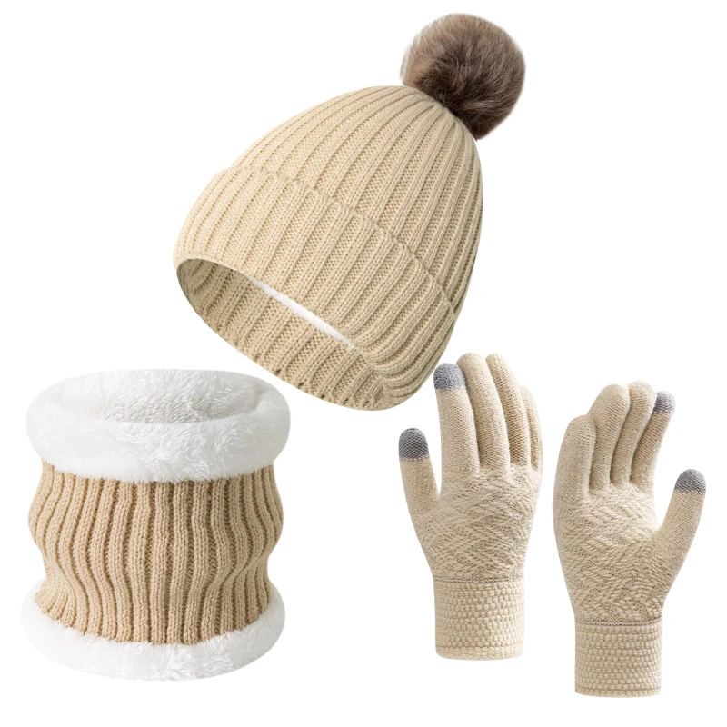 3pcs set Hat Winter Knitted Hat Big Hair Ball Warm pile intensification Boys and Girls Winter Knitted Hat Scarf and gloves