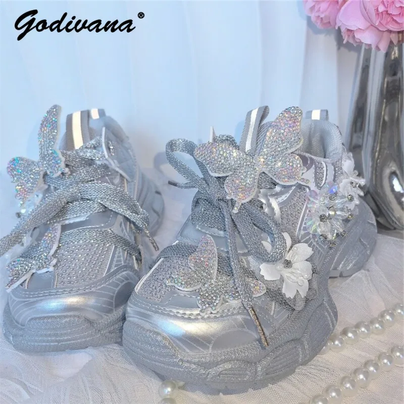 

Sweet Girls Silver Sequin Sneakers New 2026 Spring and Autumn Kids Shiny Rhinestone Butterfly Non-slip Breathable Chunky Shoes