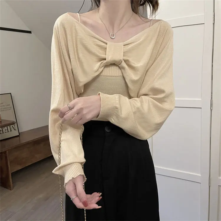 Autumn Winter Casual Sexy Sweet Pullover Women\'s Loose Gentle Versatile Warm Button Bow Tops Sweater One Shoulder Camisole