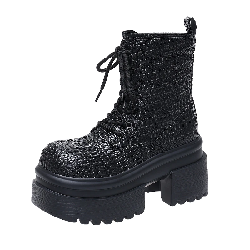 

Женские ботильоны на массивном каблуке 9 см, новые осенне-зимние плетеные кожаные туфли в стиле панк, повседневные кожаные полусапожки на высокой платформе, Botas Mujer