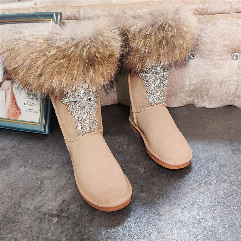 Handmade custom raccoon hair high snow boots drill heavy fur one non-slip thick female flat large size cotton shoes 35-44