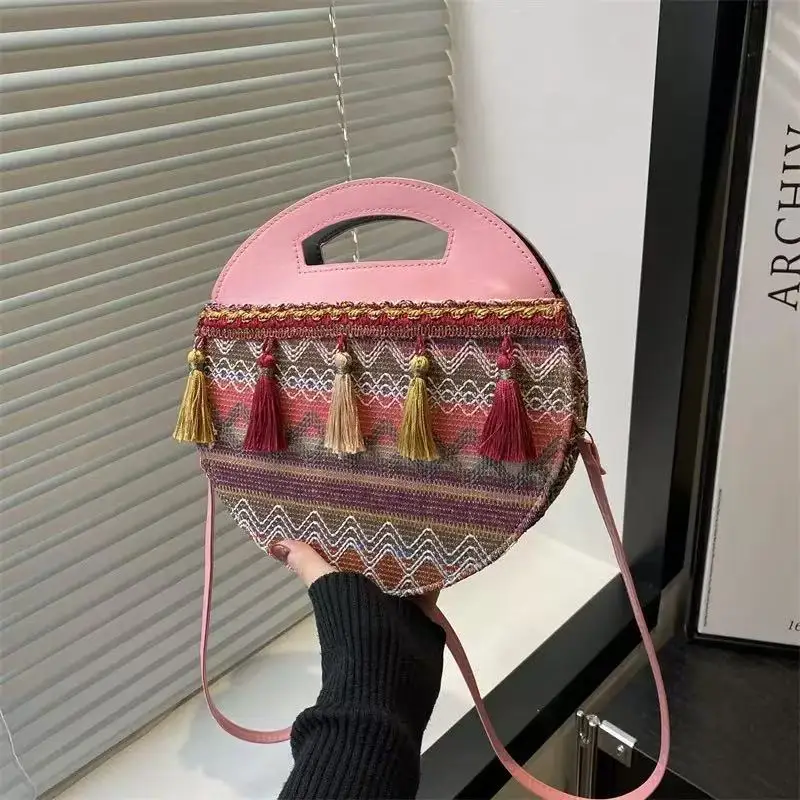 

Valentine's Day Gift The One-of-a-Kind Gift - Multicolor Geometric Beaded Fringe Round Bag Adjustable Bohemian Crossbody Purse