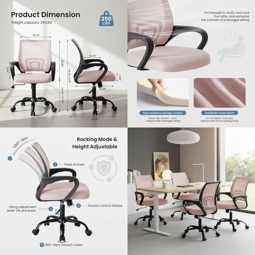 

Ergonomic Mid-Back Desk Chair with Lumbar Support, Rocking, Adjustable Height, Fixed Arms, 360° Swivel, Pink, 2-Pack