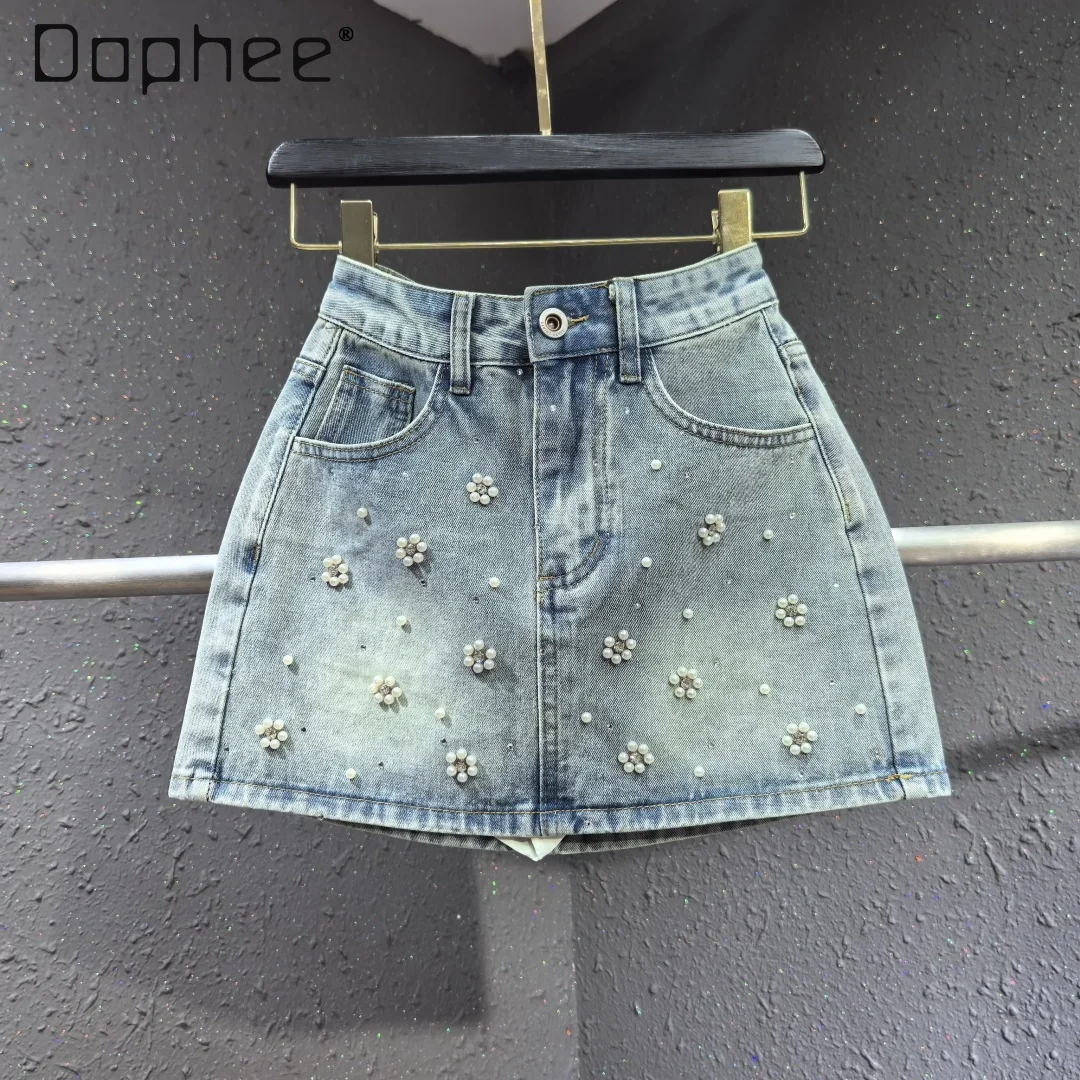 

Korean Heavy Industry Bead Blue High Waist Denim Skirt Summer New Commuter Style Temperament Fashion Slim A-line Skirt Women