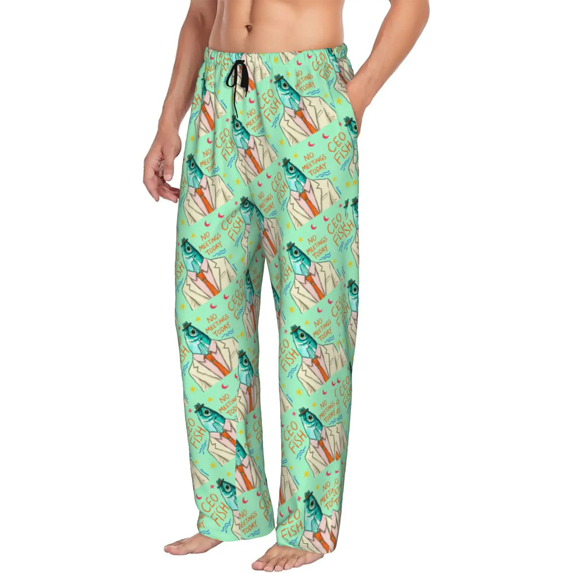 Custom Mr. Fish Pajama Pants for Men Funny Fish Sleepwear Lounge Sleep Bottoms Stretch with Pockets