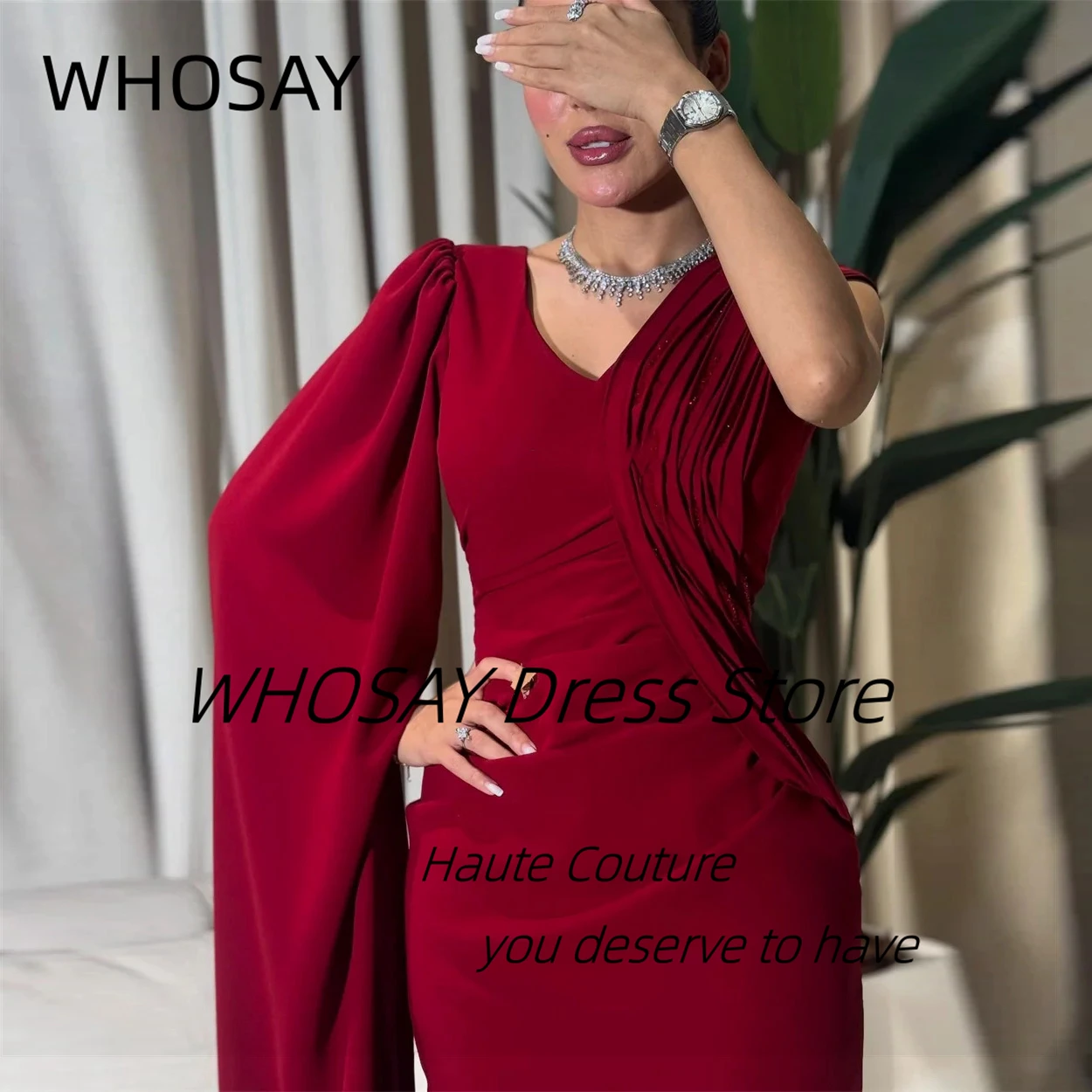 WHOSAY Side Slit Sheath Prom Dresses V Neck Ruched Beaded Long Sleeve Evening Gowns Zipper Back Saudi Party Dress Customized