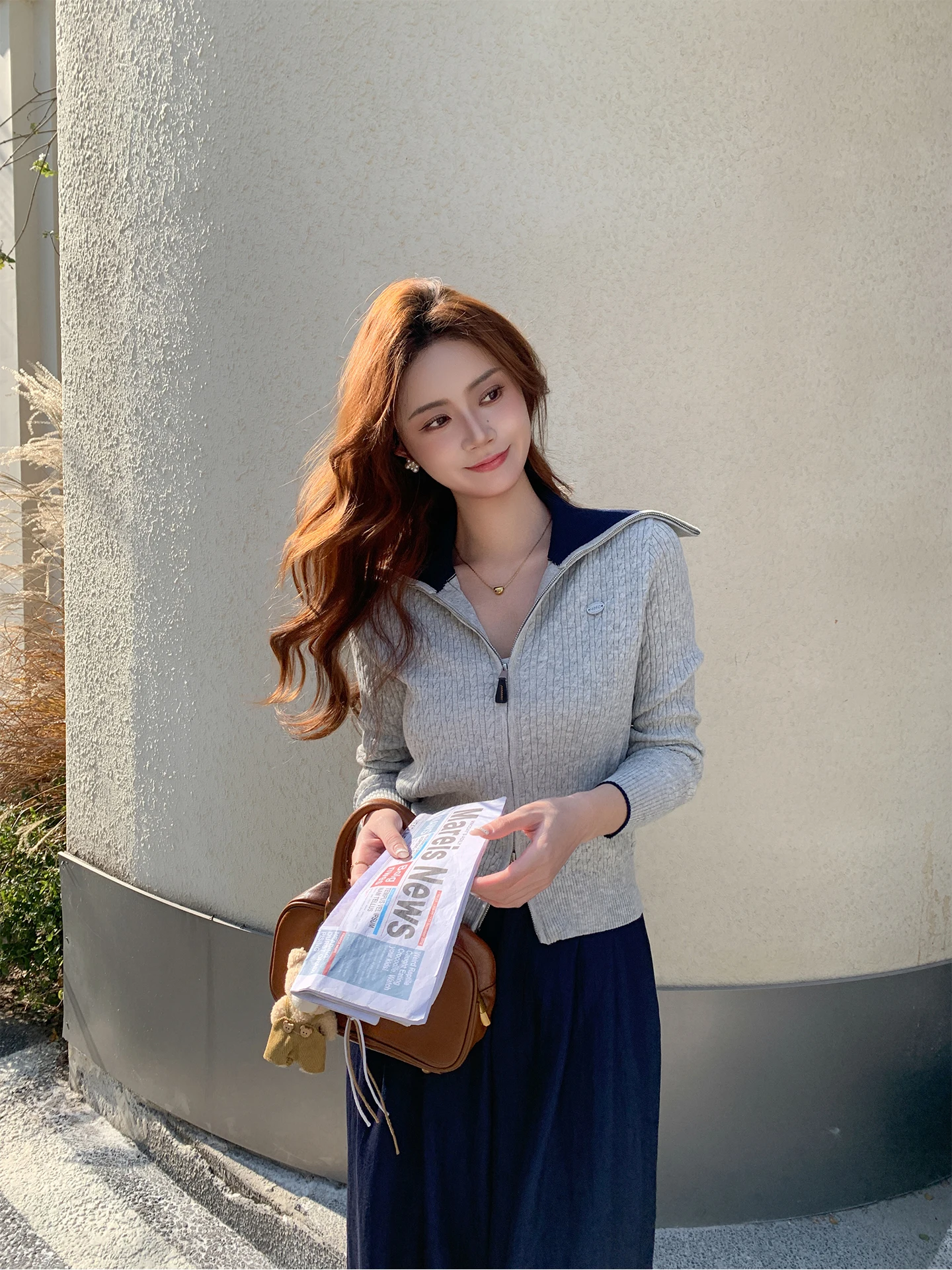 

Spring New Sle Color Blo Collar Double Zipper Woolen Knitted ort Cardigan Women's Slim Long Sve Outerwear