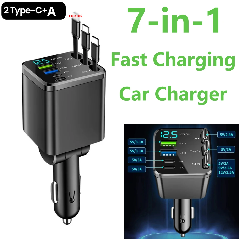 7 In 1 150W Car Charger Retractable 3 Type C A Port Usb Car Charger Fast Charging for Iphone 12 15 16 Samsung Usb C To Ios Cable