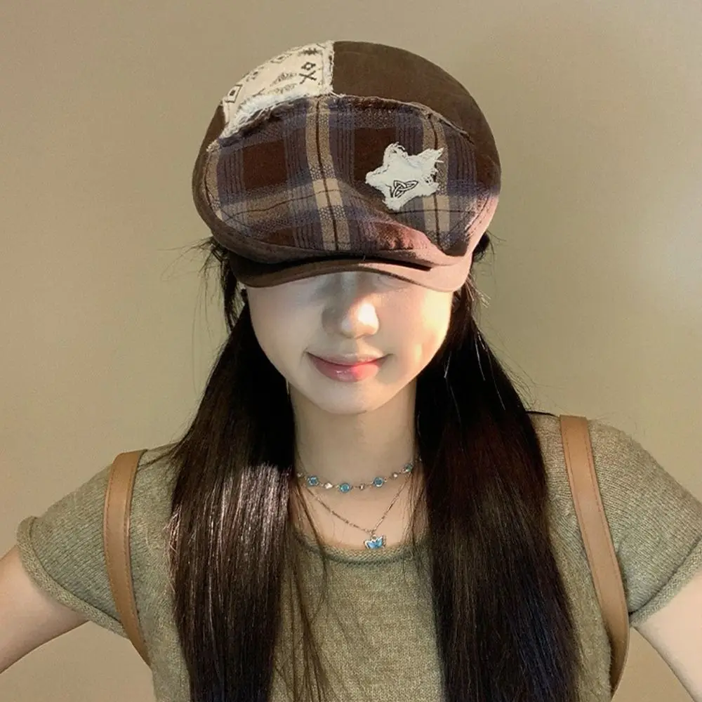 

Trend Vintage Star Plaid Beret American Versatile Newsboy Cap Brown Y2k Painter Cap Spring Summer