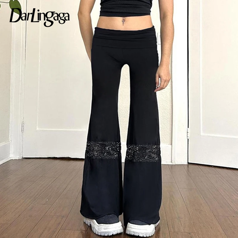 

Darlingaga Streetwear Fashion Black Flare Pants Low Waisted Chic Slim Lace Patchwork Women Trousers Elegant Office Ladies Bottom