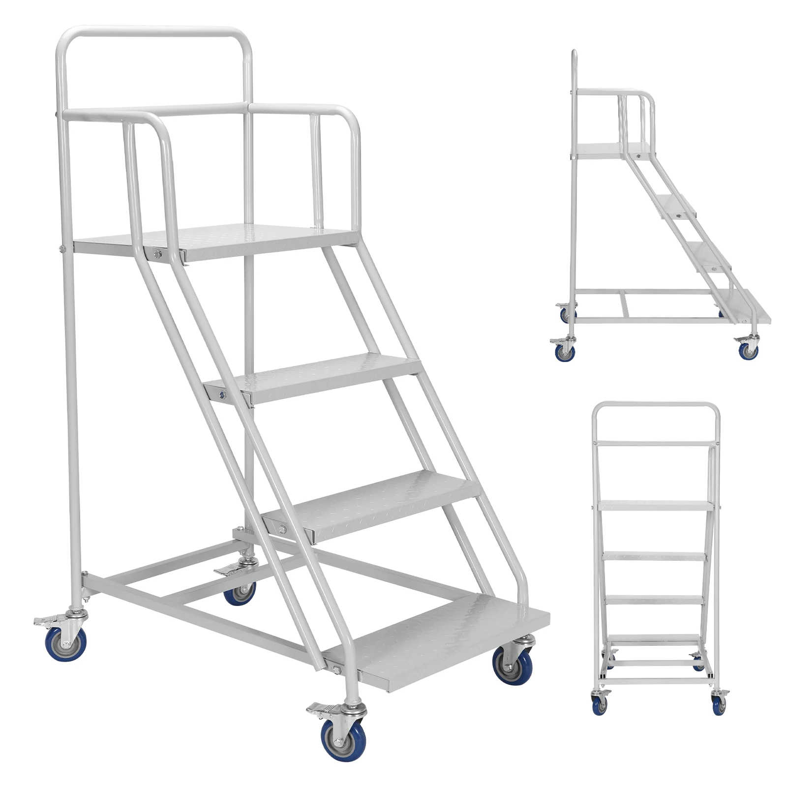 

4 Steps Industrial Heavy Duty Step Ladder 445LBs Capacity Metal Rolling Mobile Ladder W/ Wheels for Home Office