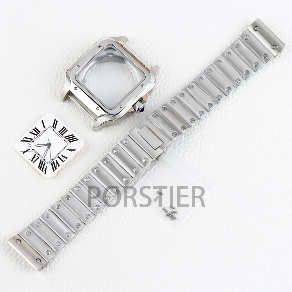 Gold/Silver NH35 Square Watch Case 38mm for Santos Mod 27mm Dial NH35 NH36 NH38 movement Stainless steel Bracelet Waterproof image 3