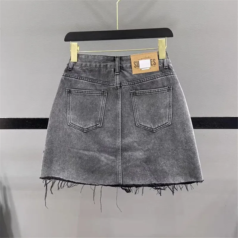 2023 Summer Denim Skirt Women Stars Sequins Fashion Ripped Jeans Skirt Pocket Loose High Waist A-Line Short Skirts Female