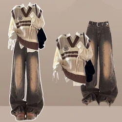 Preppy Style Spring Autumn Women Knit Vest Bandage Shirts Wide Leg Pants Three Piece Set Lady Patchwork Tank Sweater Jeans Suits